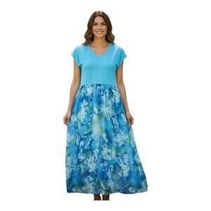 LOGO Lori Goldstein Women's L Maxi Dress Blue Green Watercolor Lined Short Slv